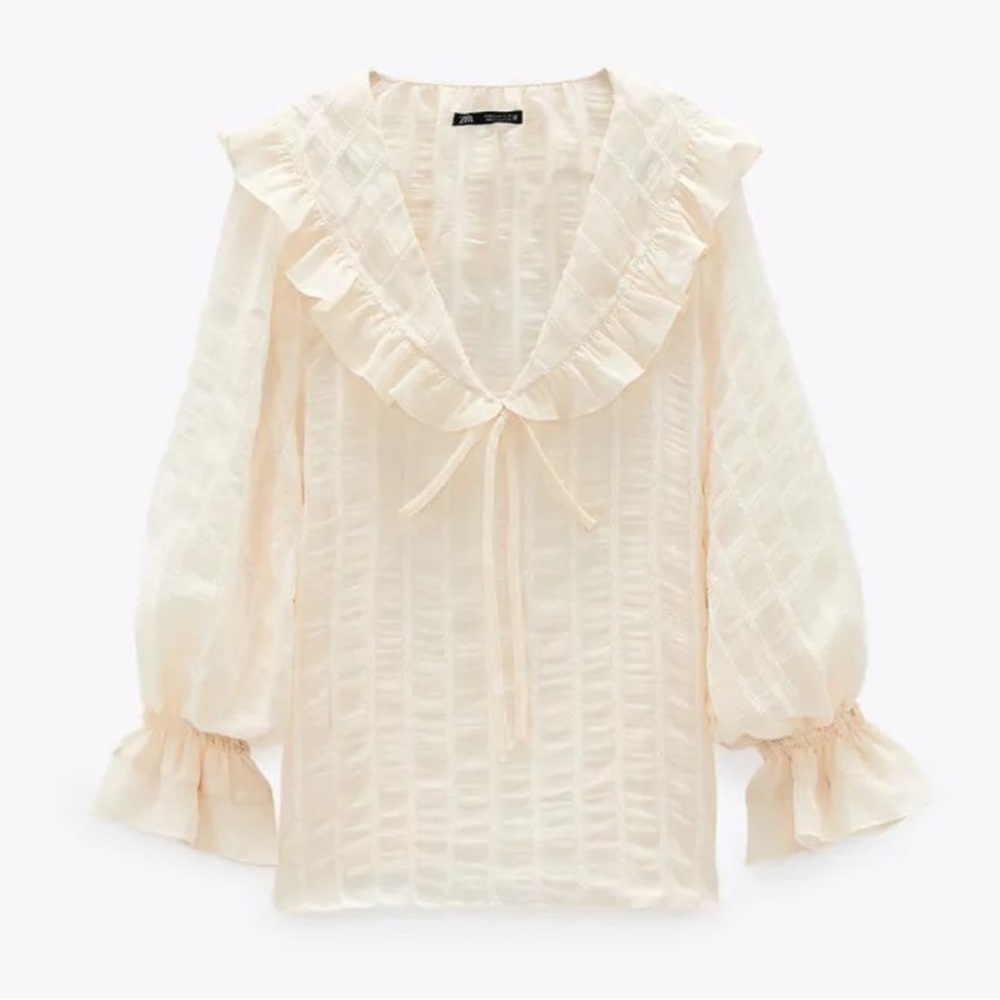 Zara Ruffled Cream White Bow Blouse Striped Sparkle Top